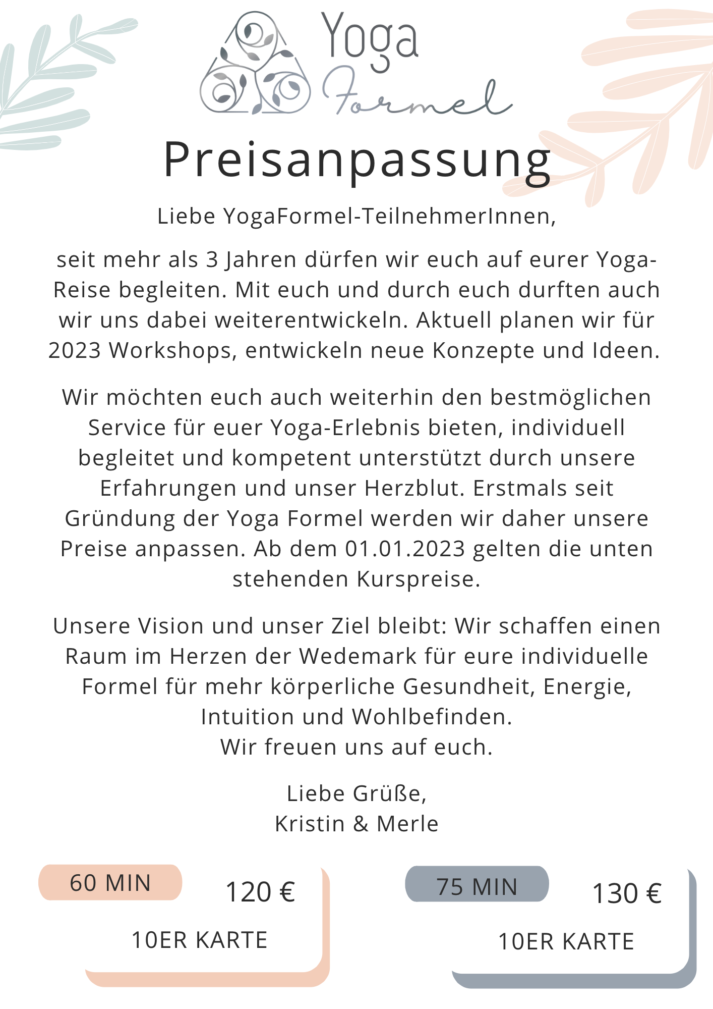 Yogaformel Preisanpassung